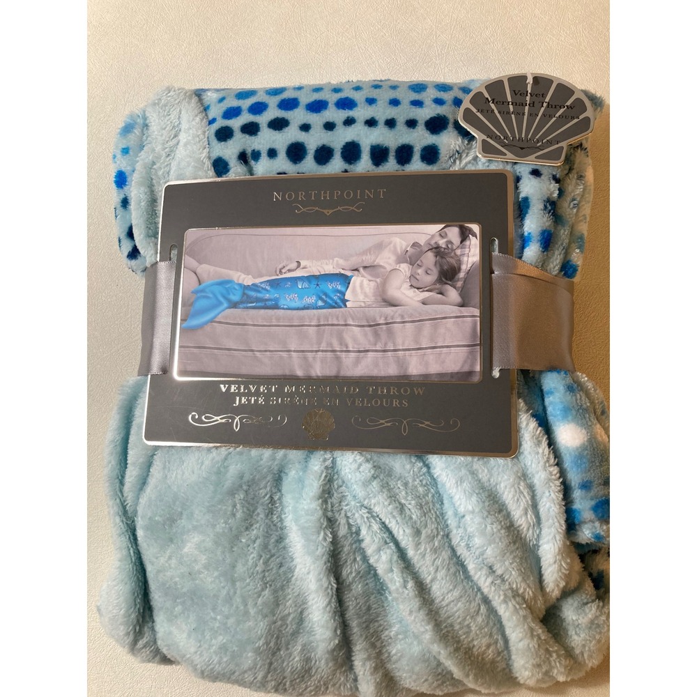 Northpoint Velvet Mermaid Throw Blanket Blue Polka Dot Tail Snuggle Rug New